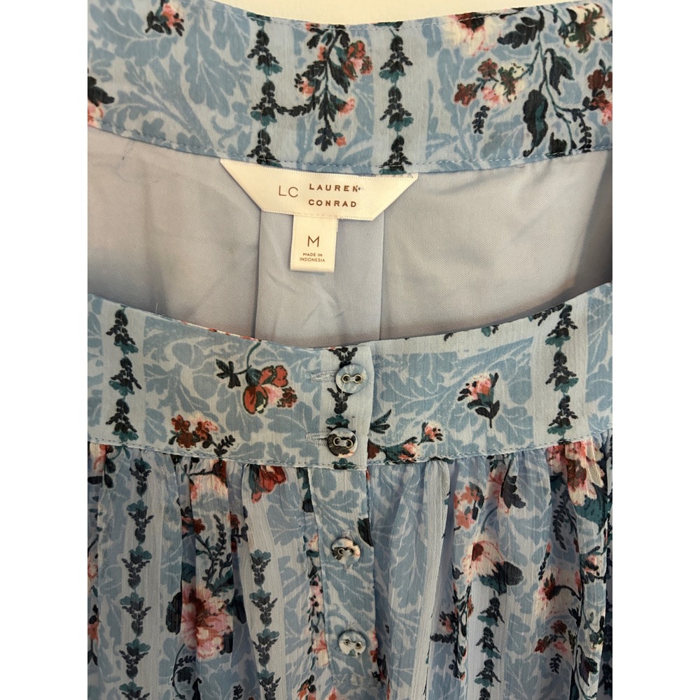 LC Romantic Blue Floral Square Neck Blouse Long Sleeve Ruffle Cuff Top Medium - Picture 2 of 10